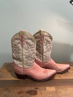 Vintage Pink & Cream Leather Cowboy Boots Western Snip Toe Size 7.5